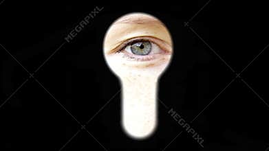 Eye blinking looking at You watching through key hole spying door trying find out secrets attention
