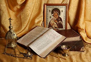 Orthodox icon, books and censer