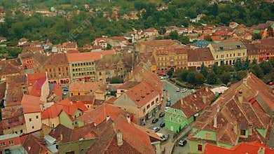 Close-up, Panoramic View of Sighisoara City in Transylvania, Romania