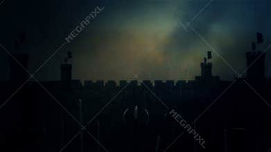 Medieval Siege in Front of a Fortress Walls Under Stormy Weather with Lightnings