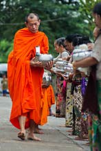 Buddhist monks at their morning almsround