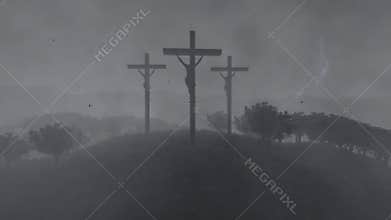 Jesus on cross, zoom out, time lapse clouds and stormy weather