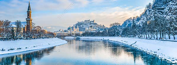 Salzburg skyline with Fortress Hohensalzburg in winter, Austria