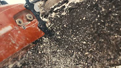 Cutting through wood with chainsaw in super slow motion.