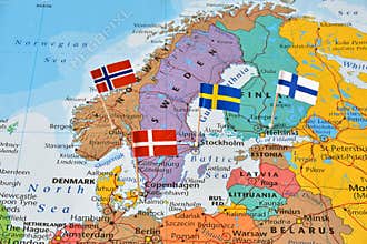 Nordic countries flag pins on map