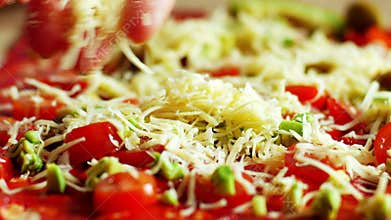 Close up making pizza in home kitchen for hobby