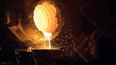 Liquid Iron Molten Metal Pouring from Ladle Container into Mold, Industrial Metallurgical Factory, Foundry Cast, Heavy Industry.