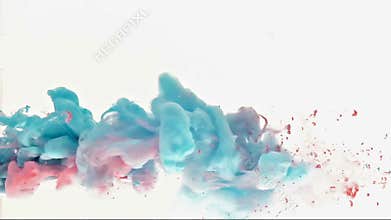 Blue and pink paint is dissolved in water.