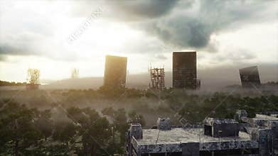 Apocalypse city in fog. Aerial View of the destroyed city. Apocalypse concept. Super realistic 4k animation.
