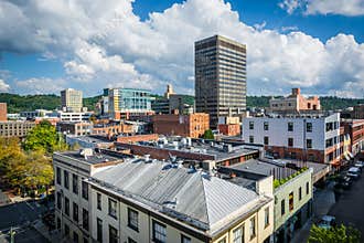 View of buildings in downtown Asheville, North Carolina.