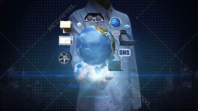 Researcher, Engineer open palm, infotainment system, network. car connect internet, social media service. global network future ca