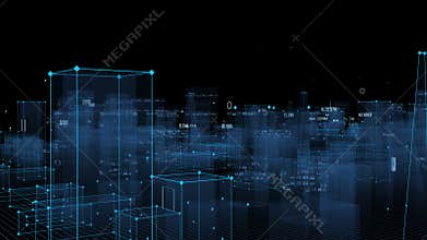 Technological digital background consisting of a futuristic city with data. looped