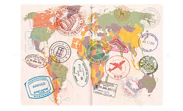 Opened passport with Visas, Stamps, Seals. World Map Travel or Tourism concept