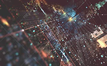 Abstract tech background 3D illustration. Quantum computer architecture. Fantastic night city