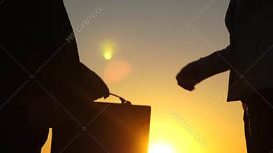 Woman passes briefcase to man and shakes hands against background of yellow sunset in park. businesswoman and