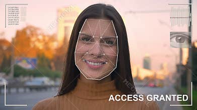 Futuristic and technological scanning of the face of a beautiful woman for facial recognition and scanned person.