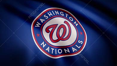 Waving flag with Washington Nationals professional team logo. Close-up of waving flag with Baseball Washington Nationals