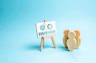 People stand near the canvas with graphs and reports. Business report, summary and planning. Market research and analysis. Concept