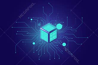 Big data, artificial intelligence ai isometric icon, neural network, information processing, cloud technologies dark