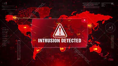 Intrusion detected alert warning attack on screen world map.