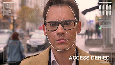Futuristic and technological scanning of the face of a beautiful man for facial recognition and scanned person