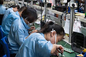 Asian Chinese Electronics Factory Workers Female Industry Manufacturing Assembly Line