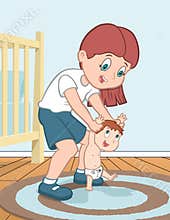 Mother teaches her child to walk