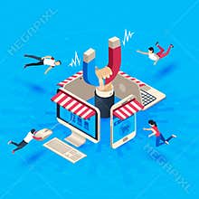 Web store customer attraction. Attract buyers, isometric retain loyal clients and social media business marketing vector