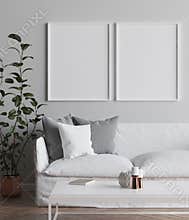Two mock up posters frame in interior background, Scandinavian style living room