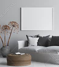 Mock up poster frame in interior background, Scandi-Boho style living room