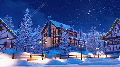 Cozy snow covered mountain village at winter night