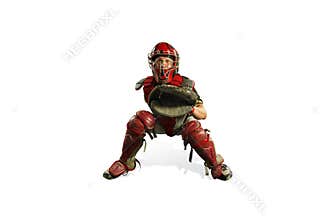 One caucasian man baseball player playing in studio silhouette isolated on white background