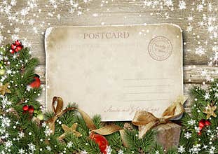 Greeting card Merry Christmas with decorations and vintage postc