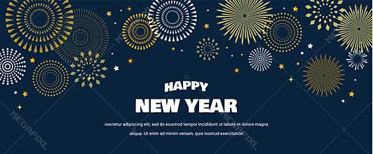 Happy New Year Background with golden fireworks. Gold and black card and banner, festive invitation, calendar poster or