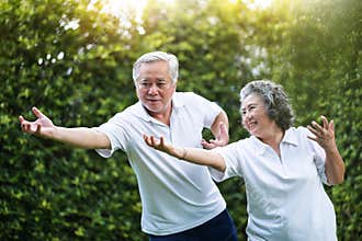 Asian Couple practicing Tai Chi in the park together