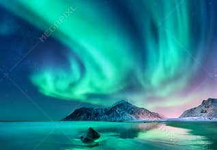 Aurora borealis. Northern lights in Lofoten islands, Norway