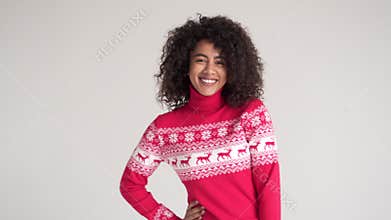 Happy woman in Christmas sweater