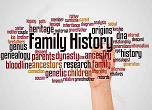 Family History word cloud and hand with marker concept