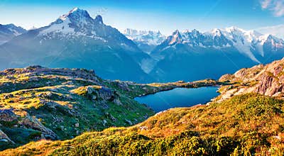 Colorful summer view of the Lac Blanc lake with Mont Blanc Monte Bianco on background, Chamonix location. Beautiful outdoor scen