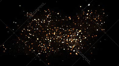 Golden glitter dust on black background. Sparkling splash illustration with gold powder. Bokeh glowing magic mist effect