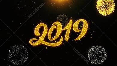 Happy New Year 2019 wishes greetings card, invitation, celebration firework looped.