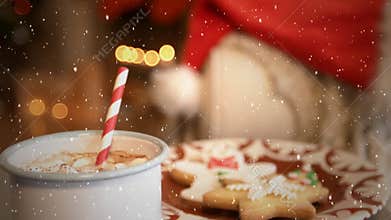 Video composition with falling snow over christmas food on desk