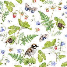 Watercolor seamless pattern with berry and bird