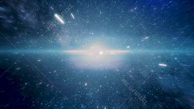 Crazy fast flight in hyperspace of space among nebulae and blue stars and black cosmic background. Flying fast to the