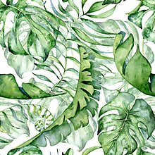Tropical watercolor seamless pattern with green leaves illustration