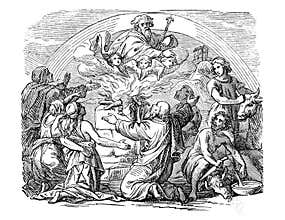 Vintage Drawing of Biblical Noe and his Sons Sacrificing animals to God.