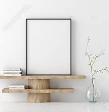 Mock up poster on wooden bench with branch in vase