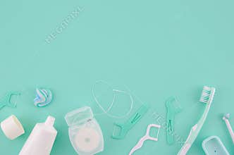 Prevention and care children`s and adult teeth color background. Medicine dentist concept frame background. Top view