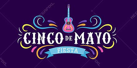 Mexican holiday card Cinco de Mayo 5 may. Decorative and traditional mexican elements guitar, sombrero. Mexican symbols. Vector