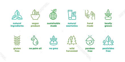 Eco line badge. Handmade eco logos, natural organic cosmetics vegan food symbols, Vector linear gluten free, no gmo